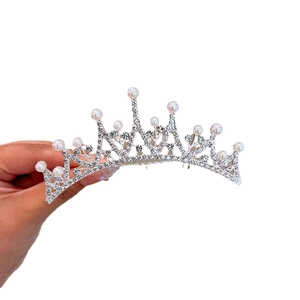 Elegant girls silver crown tiara with white pearls and sparkling rhinestones for parties