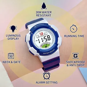 Waterproof blue and white digital sports watch for girls with luminous display and alarm