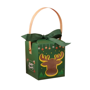 Green Christmas gift box with wooden handle, reindeer window and Merry Christmas ribbon