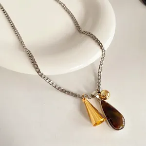 Minimalist titanium steel trumpet teardrop necklace with vintage layered charms