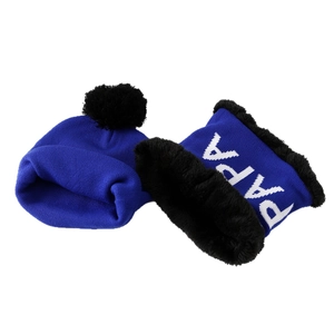 Royal blue winter knit hat and PAPA neck warmer set with faux fur lining and pom pom