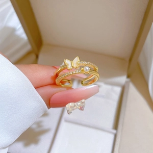 Bague papillon dorée élégante avec perles et zircons, anneau ouvert réglable pour femme