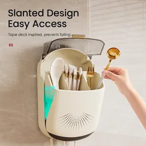 Wall-mounted cream kitchen utensil holder with dustproof lid and tilted storage design