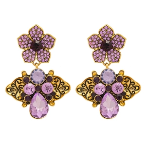 Vintage gold earrings with purple flower petals and teardrop crystal pendants