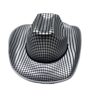 Detail shot of silver disco style checkered cowboy hat with metallic grid texture