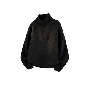 Men's black knitted turtleneck sweater with buttoned Henley collar on white background