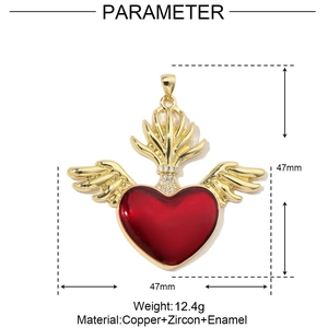 Detailed specs of the 47mm red heart pendant with wings in copper and zircon