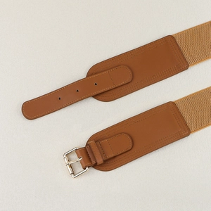 Detail view of brown leather strap and beige elastic band with silver square pin buckle