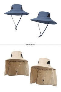 Detail of outdoor sun hat featuring breathable mesh, wind rope and neck protection flap