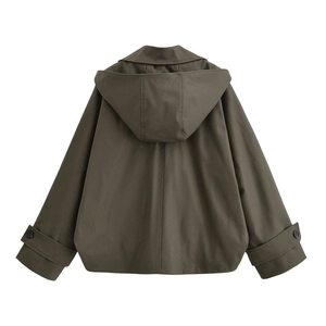 Short hooded olive green windbreaker jacket with cape-style design and buttoned cuffs