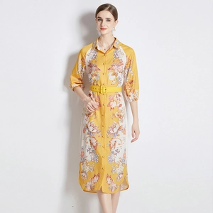 European style yellow floral shirt dress with waist belt and long sleeves for women