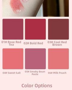 Lipstick color selection chart featuring six velvet matte shades from red to rose tones