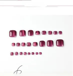 Detail view of 22-piece set of deep burgundy cat-eye toe nail tips on white background