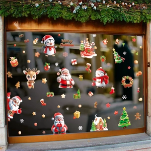 Festive 3D Christmas window stickers featuring Santa Claus, reindeer, and snowman designs
