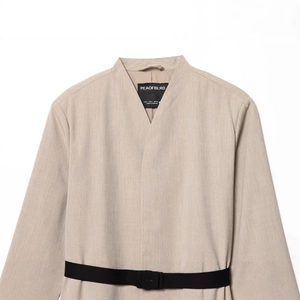 Chic khaki V-neck blazer for women with a contrasting black waist belt and twill texture