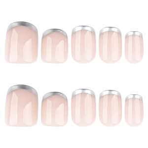 Classic pink french press-on nails with shiny silver metallic edges and square shape
