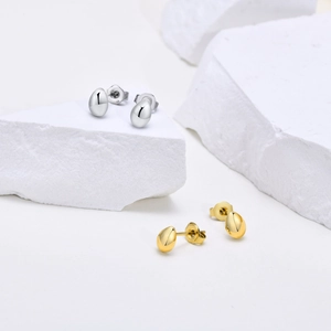 Polished bean shaped teardrop stud earrings in gold and silver stainless steel