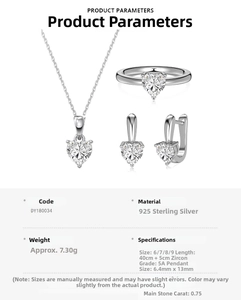 Detailed specs of S925 silver heart jewelry set with 5A zircon stones and sizing info
