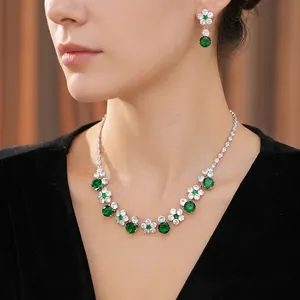 Luxury silver flower jewelry set with emerald green zircon crystals for women