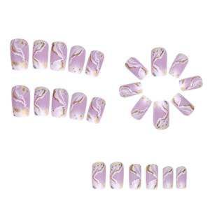 Detailed set of 24 purple marble press-on nails with elegant gold foil trim accents