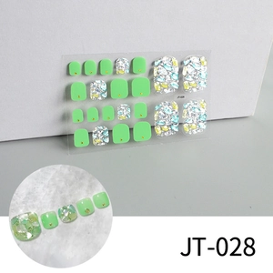 Detail of light green and iridescent glitter 3D toenail art stickers set with size options