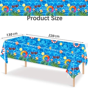 Detail of pool party tablecloth showing size 130x220cm with colorful summer motifs