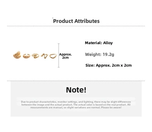 Detailed spec sheet showing a 5-piece gold geometric ring set with alloy material data