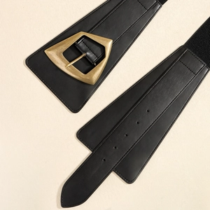Macro shot of geometric gold metal buckle and black leather strap with adjustment holes