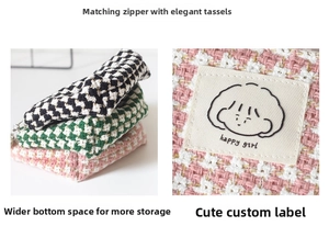 Detail of checkered mini pouch with happy girl label, color-matched zipper and tassel