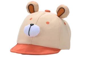Detail of baby baseball cap featuring 3D bear ears and contrast orange sun visor brim