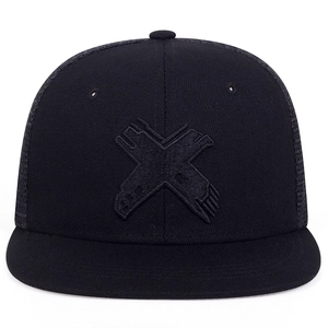 Close-up of black hip-hop flat brim hat featuring 3D embroidered X logo and breathable mesh