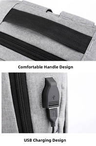 Close-up of backpack showing padded handle and external USB charging port