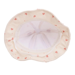 Infant sun hat with heart print and breathable mesh lining featuring adjustable chin strap