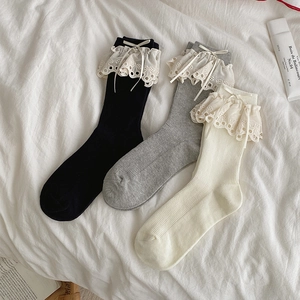 Women Mid Calf Socks Cotton Ribbed With Lace Trim And Bowknot Lolita Ballet Style Sweet Trendy Breathable