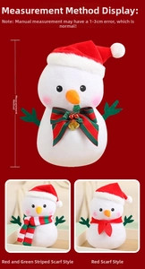 Detailed view of plush Christmas snowmen showing height measurements and scarf styles