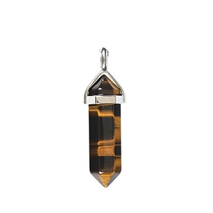 Macro shot of tiger eye crystal hexagonal pillar pendant with polished silver clasp