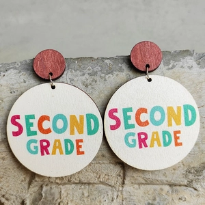 Colorful Second Grade wooden drop earrings with red-brown and white circular discs