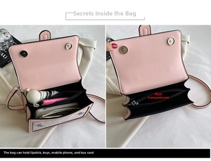 Internal view of pink shoulder bag showing capacity for phone, keys and lipstick