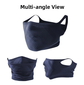 Multi-angle views of a navy blue windproof neck gaiter with breathable diamond texture