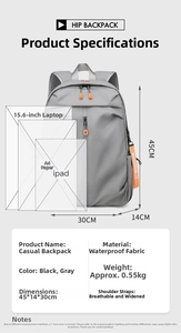 Waterproof grey laptop backpack showing large capacity for 15.6 inch laptop and A4 files
