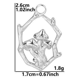 Detailed view of silver mushroom pendant with size specs 2.6cm by 1.7cm and weight 1.8g