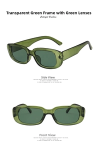 Detail view of rectangular sunglasses with transparent green frames and matching lenses