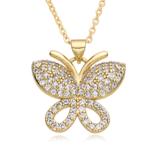 Gold butterfly pendant necklace with shimmering zircon crystals on white background
