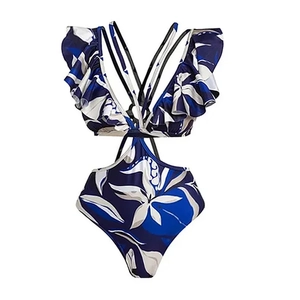 Detail of floral print swimsuit featuring off-shoulder ruffles and waist cut-outs