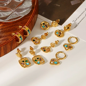 Detailed collection of assorted gold geometric stainless steel earrings with colorful crystals