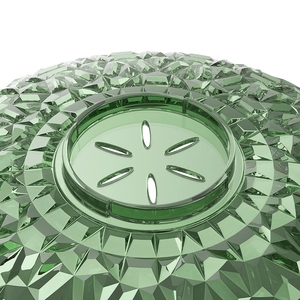 Green crystal-cut pedestal fruit bowl with transparent faceted texture for home decor