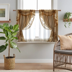 Detailed close-up of gold floral embroidery and fringe tassels on a kitchen swag valance