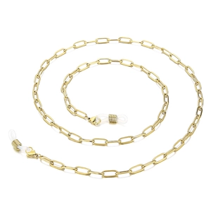 Golden rectangular link titanium steel chain for eyewear or masks on white backdrop