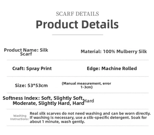 Detailed specification and fabric details of the 100% mulberry silk square scarf.