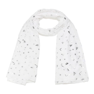 White Christmas scarf with silver foil Christmas tree and snowflake patterns on white backdrop